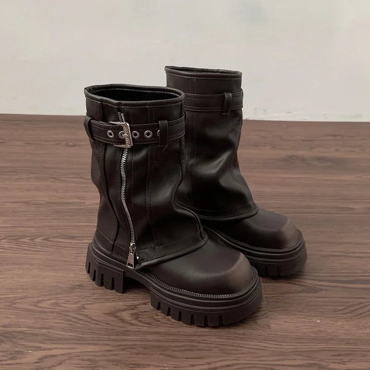 Elegant Winter Biker Boots with Belt Buckle