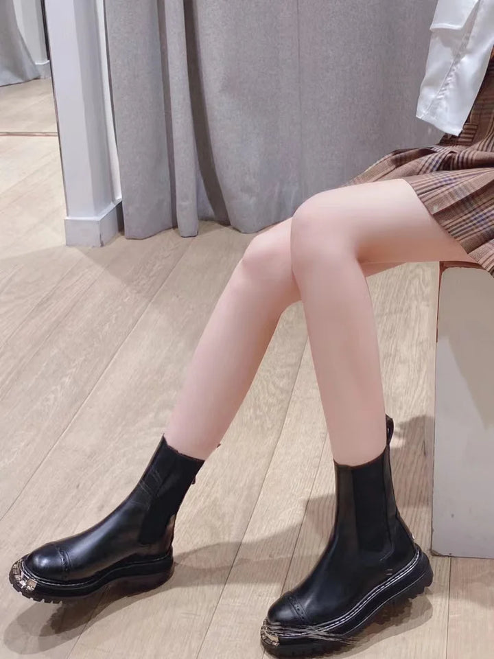 Metal square head Slip on Ankle Mid Calf Boots