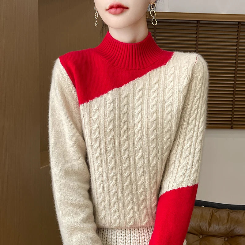 100% Merino Wool Color-Blocked Mock Neck Pullover Sweater