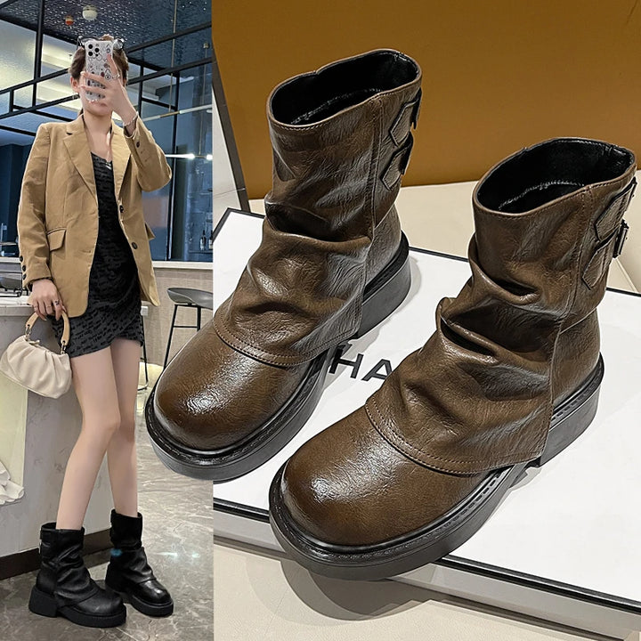 Elegant Belt Buckle Low Heels Leather Ankle Boots