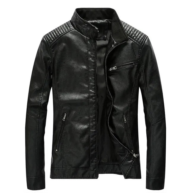 Slim Fit PU Leather Stand Collar Motorcycle Jacket