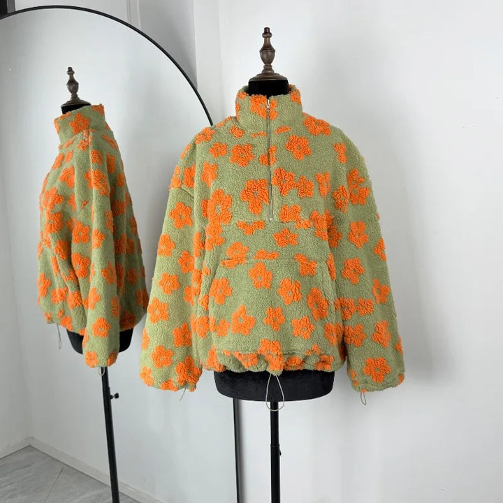 Floral Print Faux Lamb Wool Hoodie with Zipper Pocket