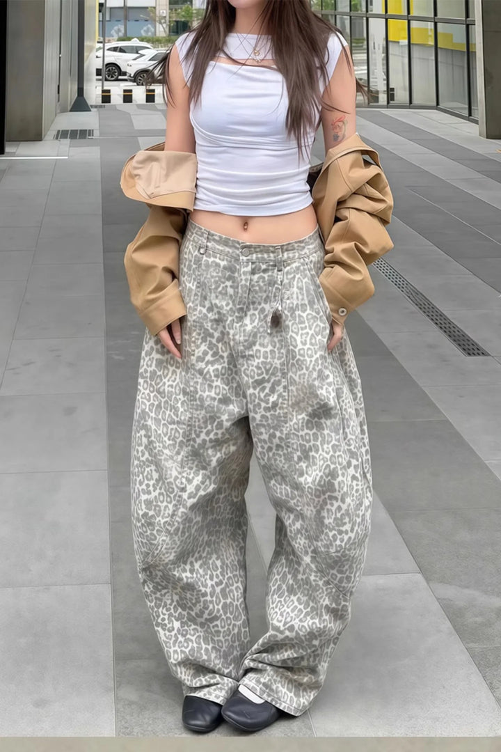 American Retro Stitching Leopard Print Pants