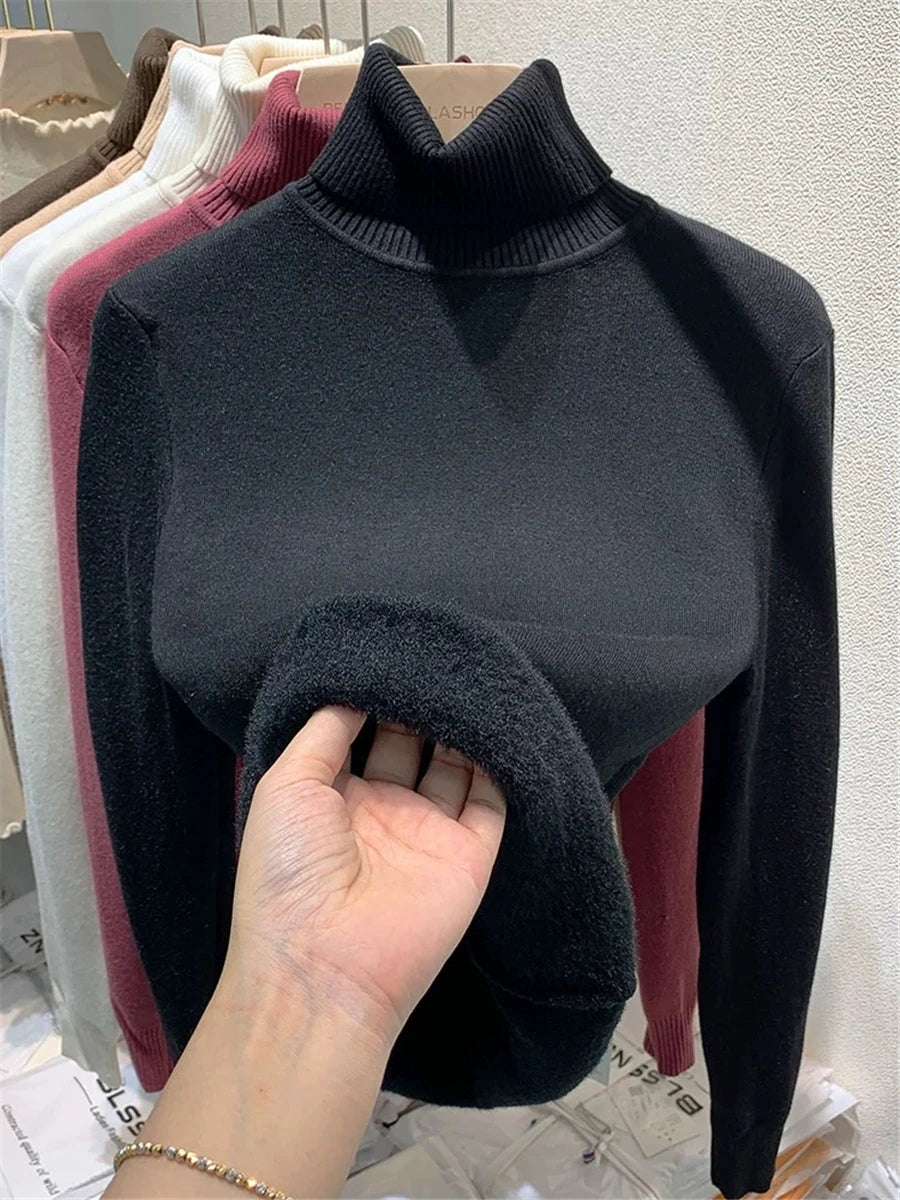 Elegant Women's Thick Velvet Lined Turtleneck Sweater