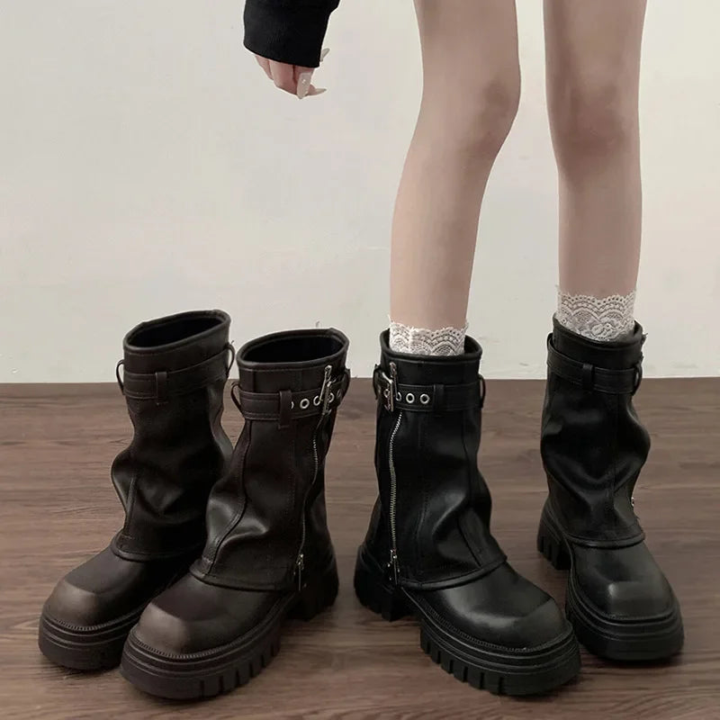 Elegant Winter Biker Boots with Belt Buckle