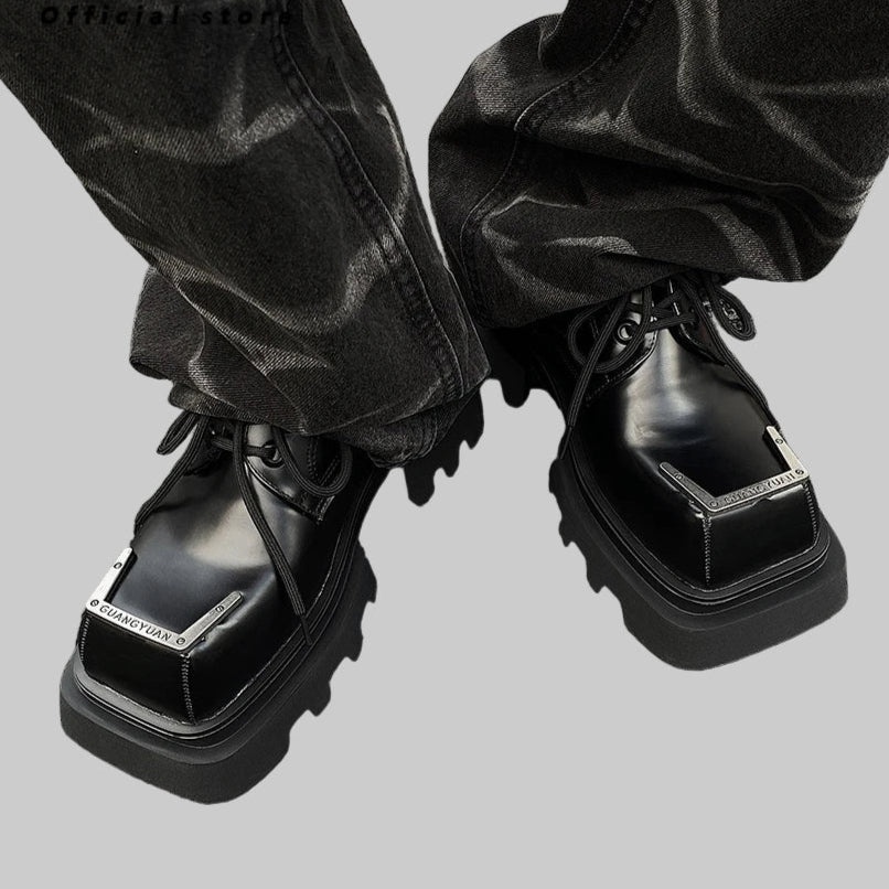 Luxury Punk Gothic Square-Toe Leather Boots