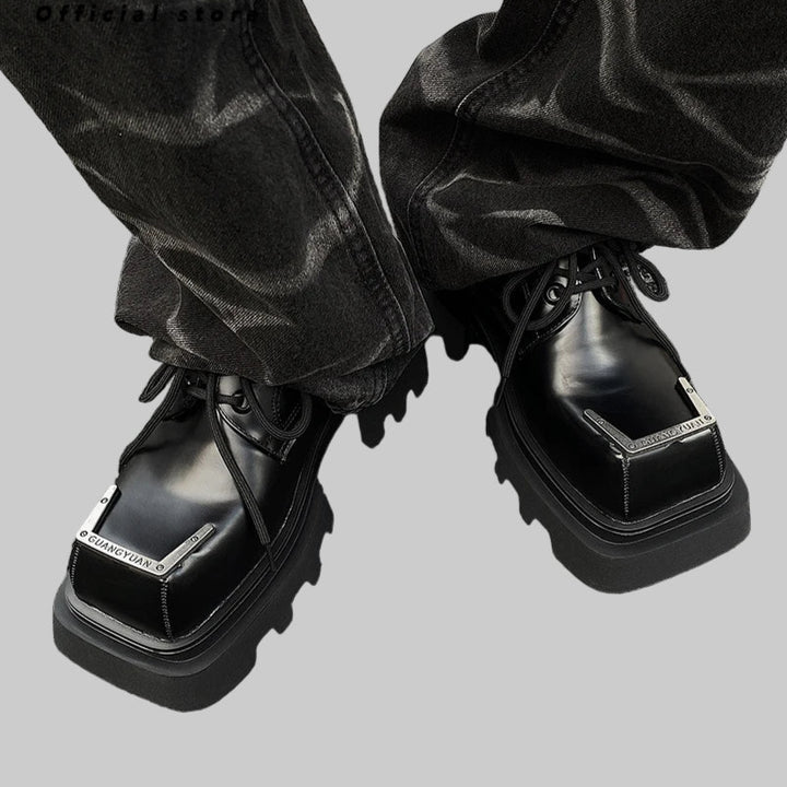 Luxury Punk Gothic Square-Toe Leather Boots