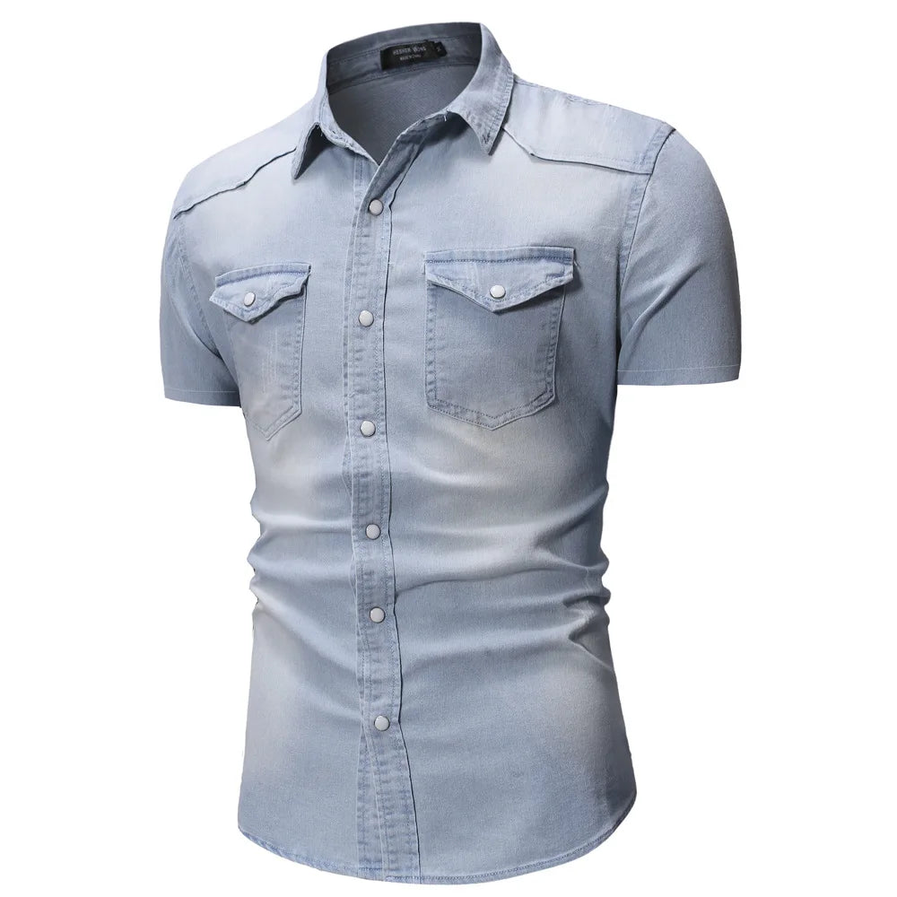 Slim Fit Solid Color Short Sleeve Denim Shirt