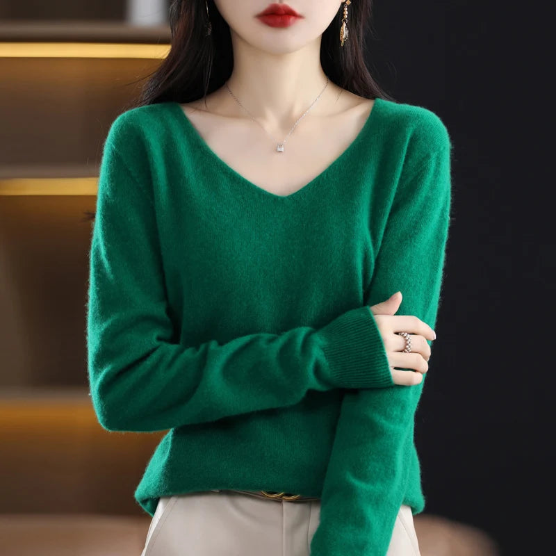 100% Pure Merino Wool Women's V-Neck Sweater
