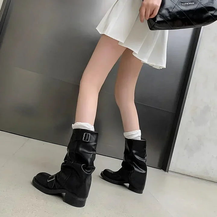 Mid-Calf Slip-On Retro Biker Boots