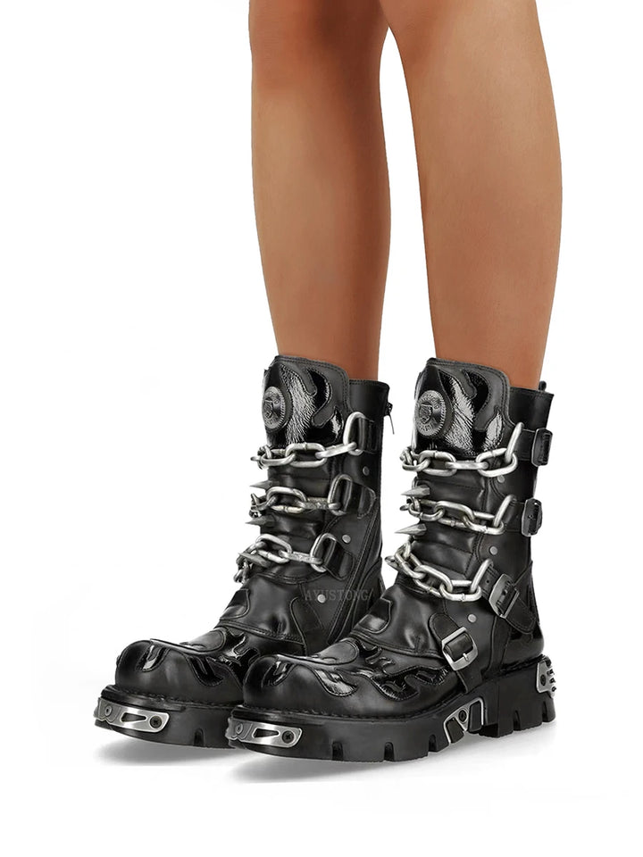 Punk Goth Skull Mid-Calf Motorcycle Boots