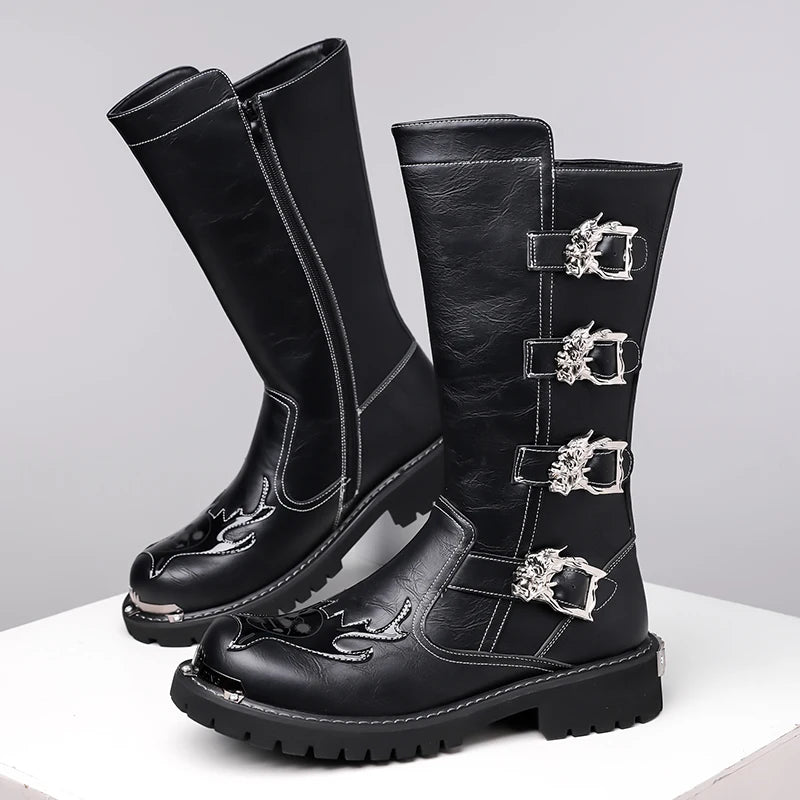 Mid-Calf Leather Motorcycle Boots
