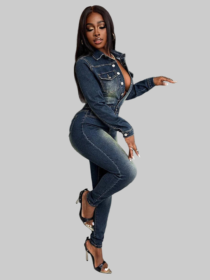 Sexy One-Piece Collared Long Sleeve Slim Overalls