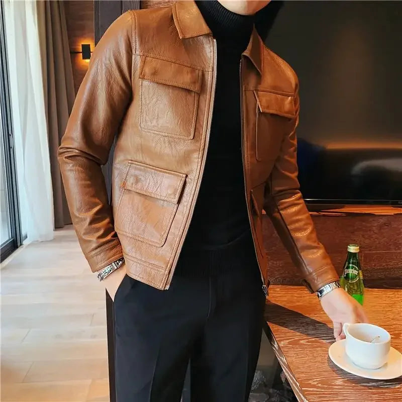 Slim Fit British Style Pure Color Leather Jacket