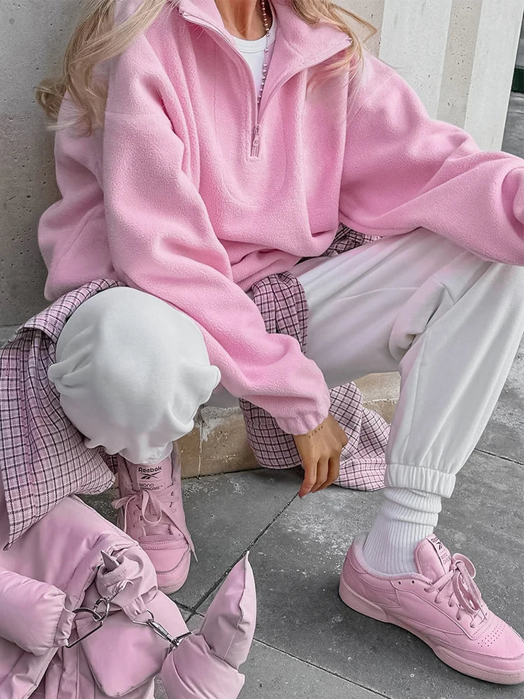 Solid Polar Fleece Hoodie with Zipper Lapel