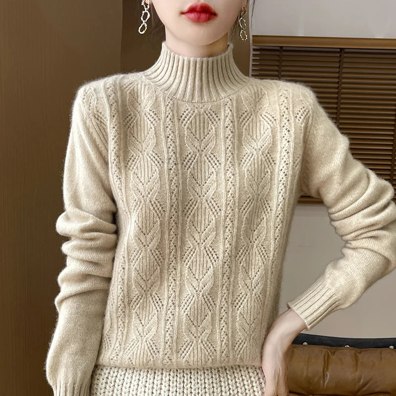 100% Merino Wool Solid Color Mock Neck Pullover Sweater