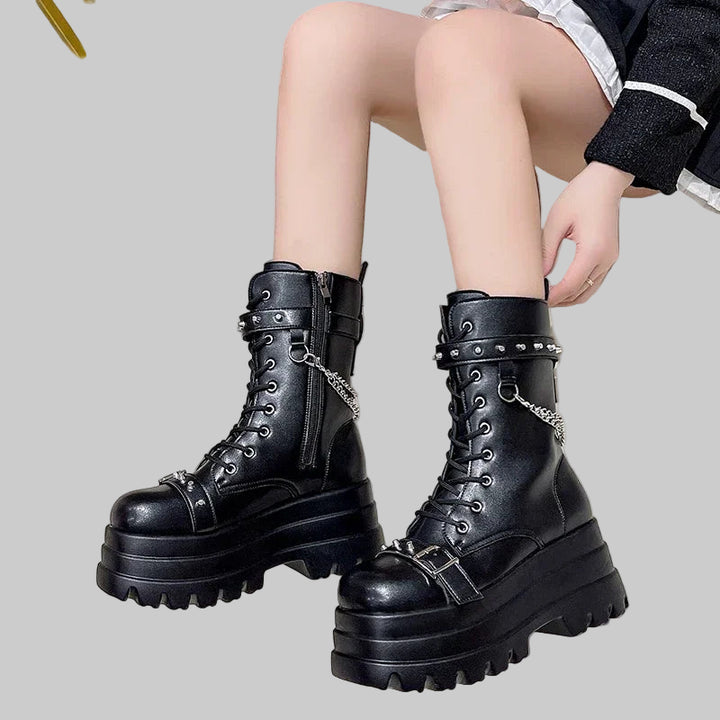 Gothic Lady Buckle Autumn Wedges Knee High Boots