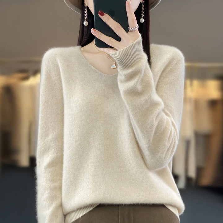 100% Pure Merino Wool V-Neck Autumn Winter Sweater
