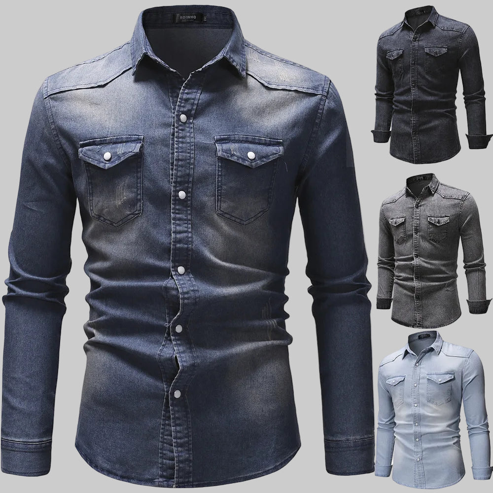 Slim Fit Solid Vintage Denim Shirts