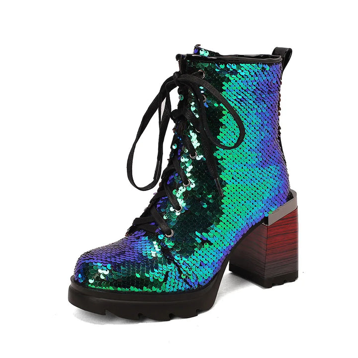 Chunky Lace-up Sequin Ankle Party Boots