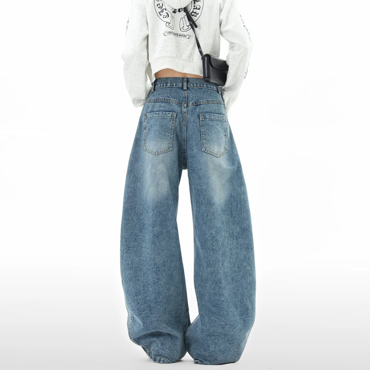 Loose Fit Baggy Jeans-Printed Letters and Multiple Pockets