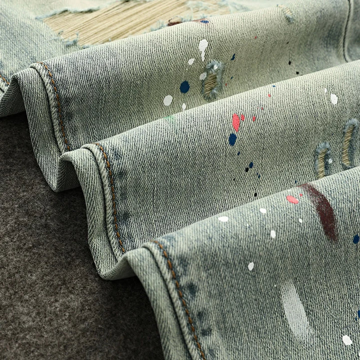 Retro Y2K Scratch-Painted Light Grey Jeans