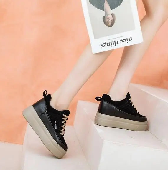 Genuine Leather Retro Warm Fleece-Lined Chunky Sneakers