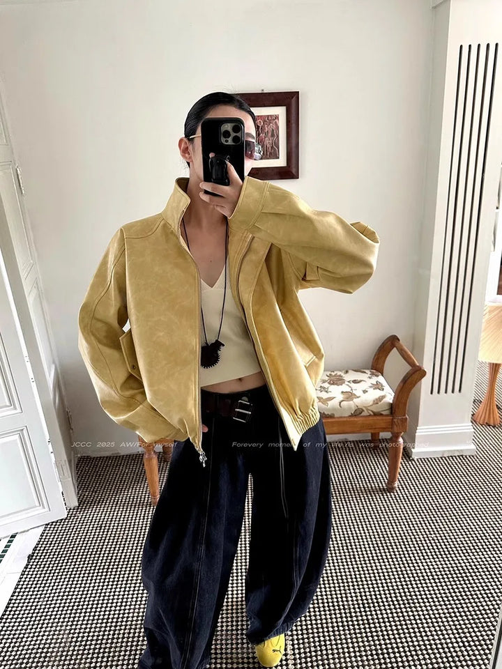 American Distressed Yellow PU Leather Jacket