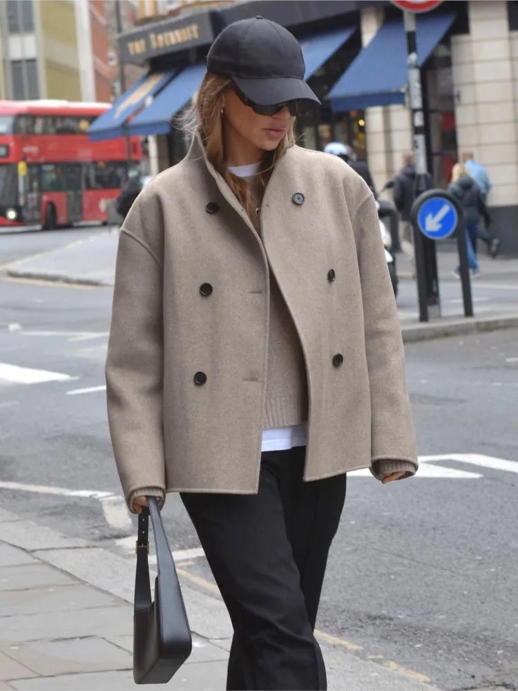 Women's Elegant Retro Brown Autumn Coat with Stand-Up Collar - Fashionable Solid Color Outerwear
