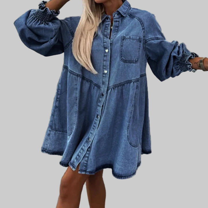 High Waist Denim Dress with Lapel