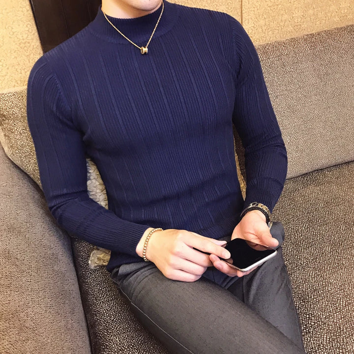 Slim Fit Striped Knit Turtleneck Sweater