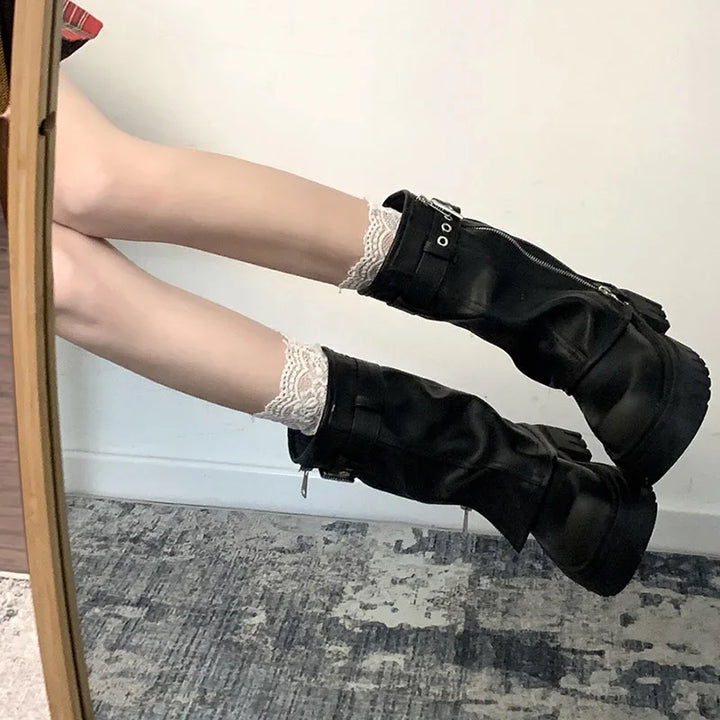 Elegant Winter Biker Boots with Belt Buckle