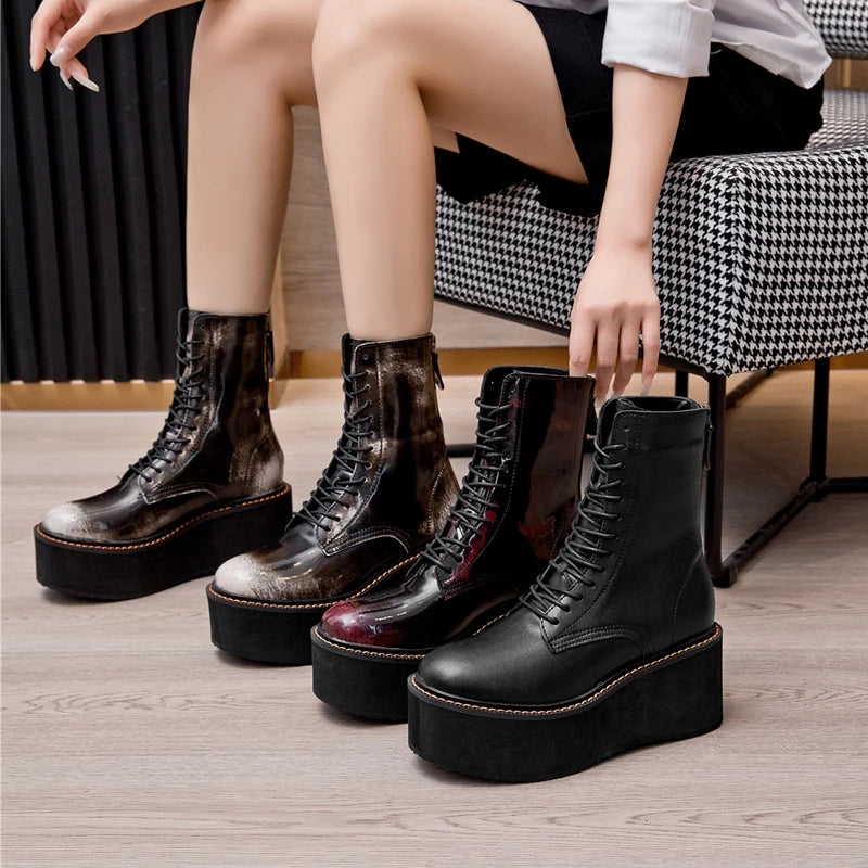 Genuine Leather High Heel Platform Winter Ankle Boots