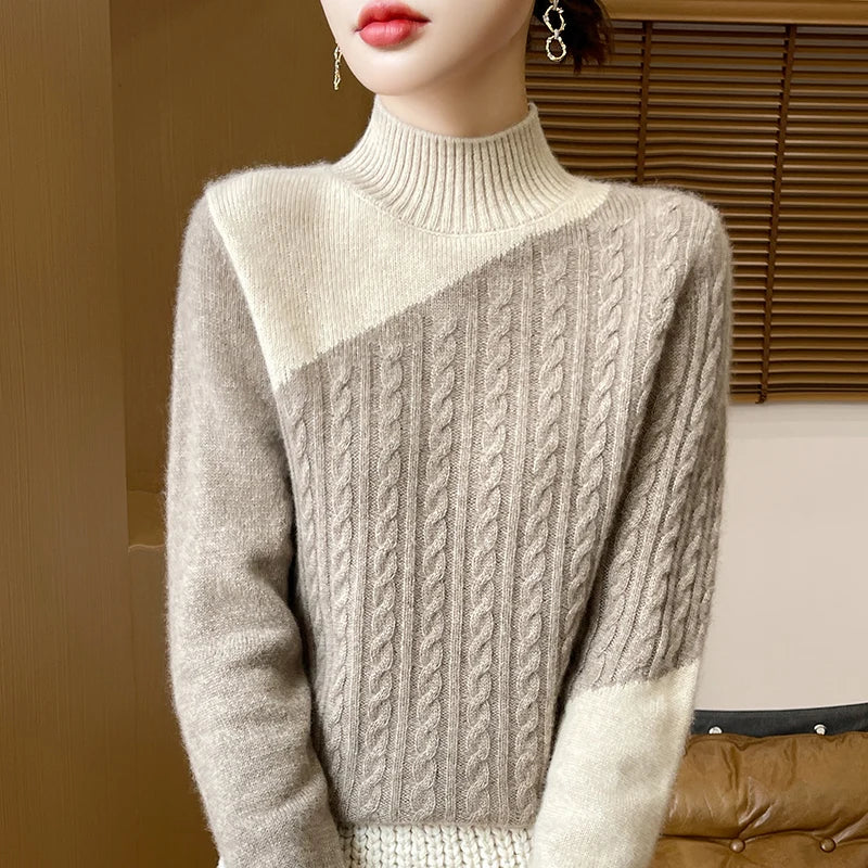 100% Merino Wool Color-Blocked Mock Neck Pullover Sweater