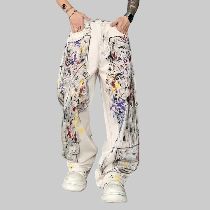 Loose Wide-Leg Contrast Color Graffiti Jeans