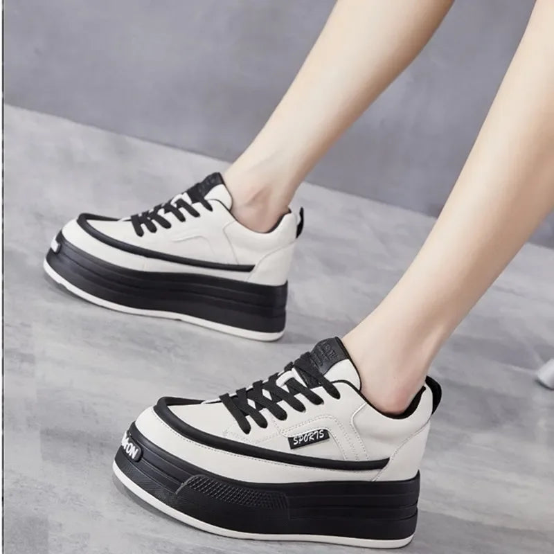8cm Genuine Leather Platform Chunky Sneakers