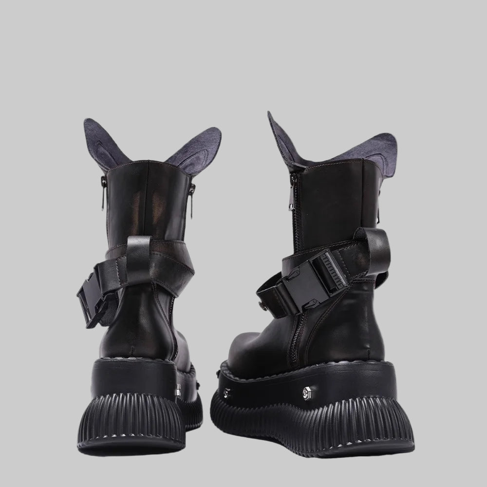 Authentic Leather Mid-Calf Motorcycle Boots with Buckle Strap
