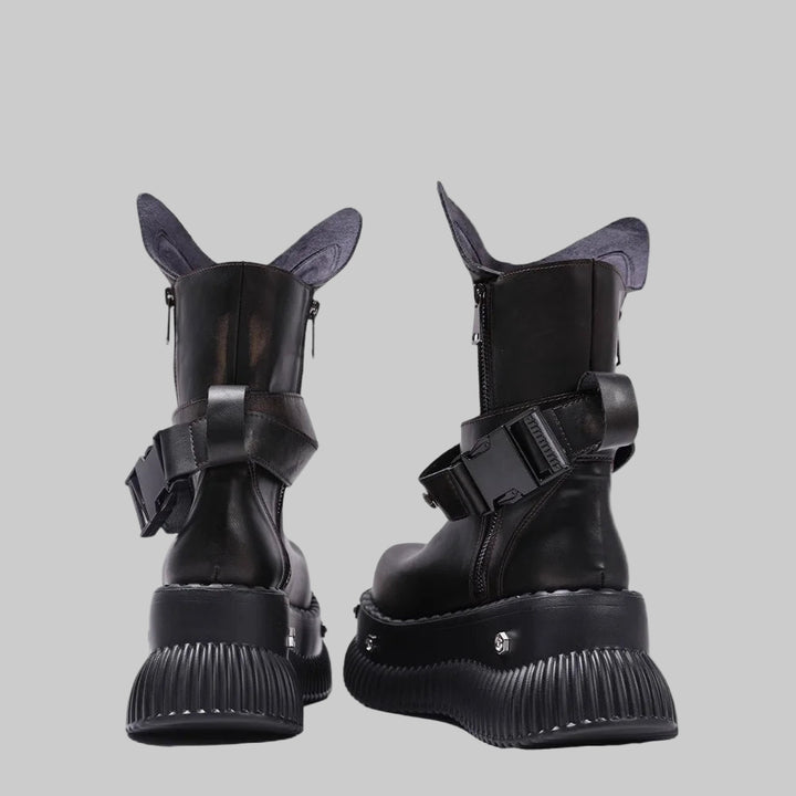 Authentic Leather Mid-Calf Motorcycle Boots with Buckle Strap