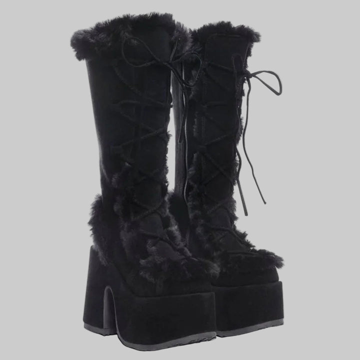 Y2K Punk Faux Fur Chunky Platform Gothic High Heel Boots