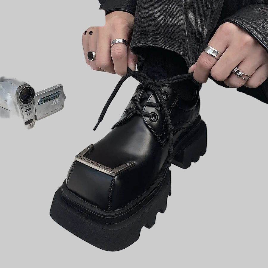 Luxury Punk Gothic Square-Toe Leather Boots