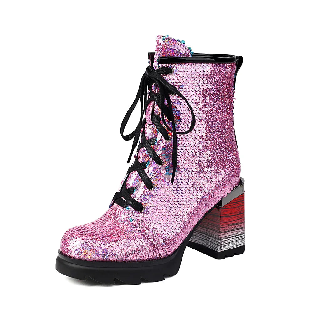 Chunky Lace-up Sequin Ankle Party Boots