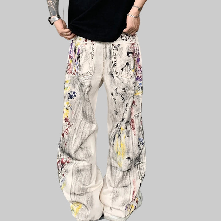 Loose Wide-Leg Contrast Color Graffiti Jeans
