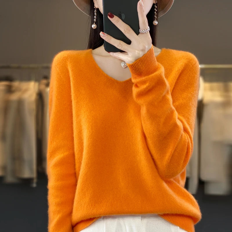 100% Pure Merino Wool V-Neck Autumn Winter Sweater