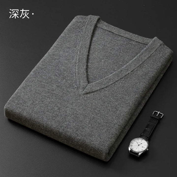Knitted Cotton Blend Classic V-Neck Pullover