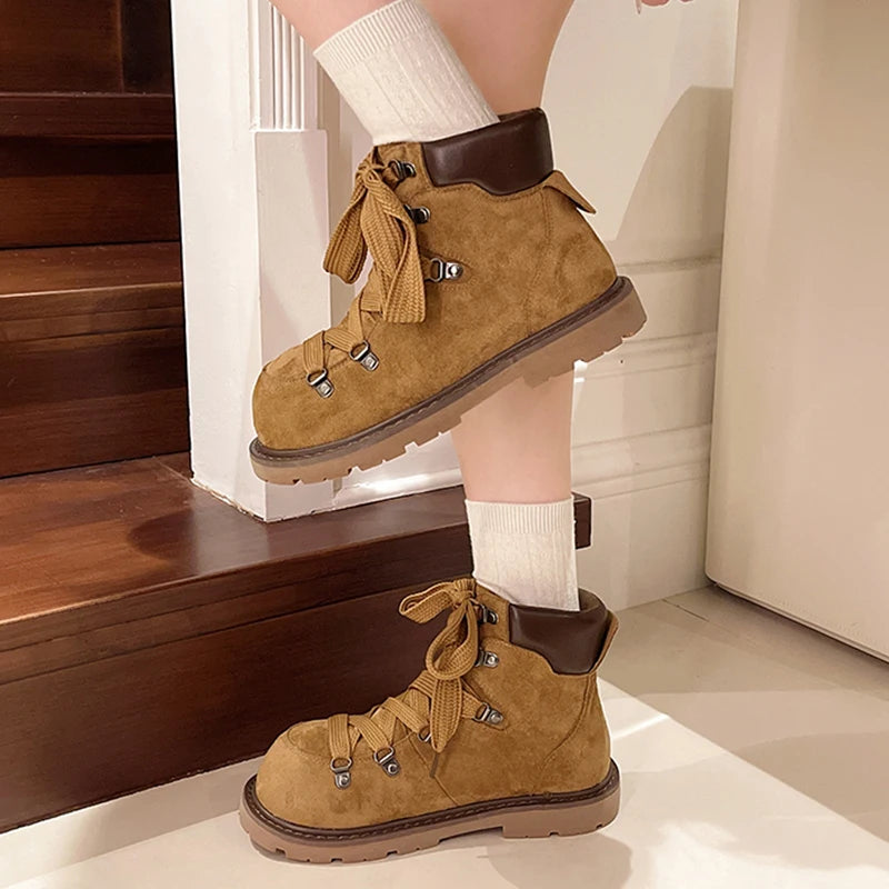 Lace Up Suede Western Platform Boots