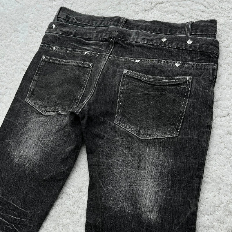 Washed Unisex Gothic Micro Flared Lace-Up Jeans