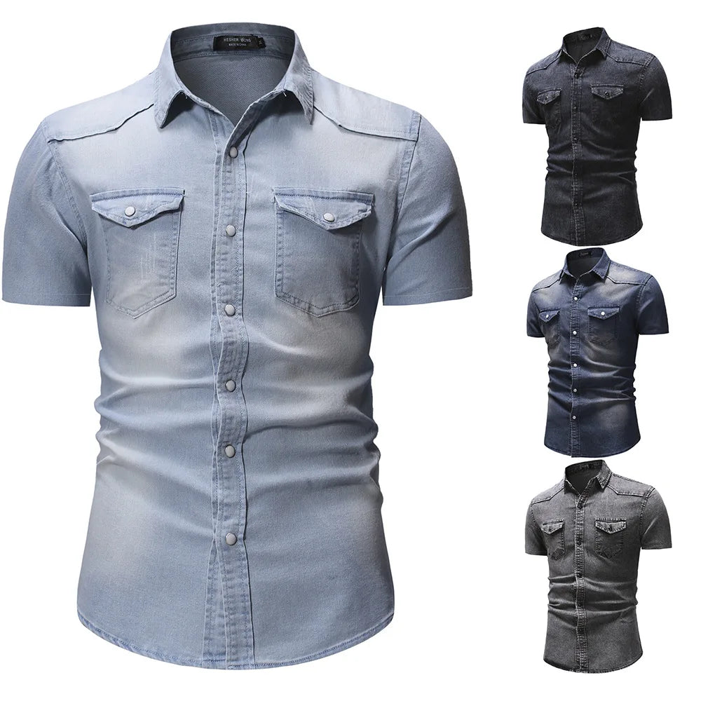Slim Fit Solid Color Short Sleeve Denim Shirt