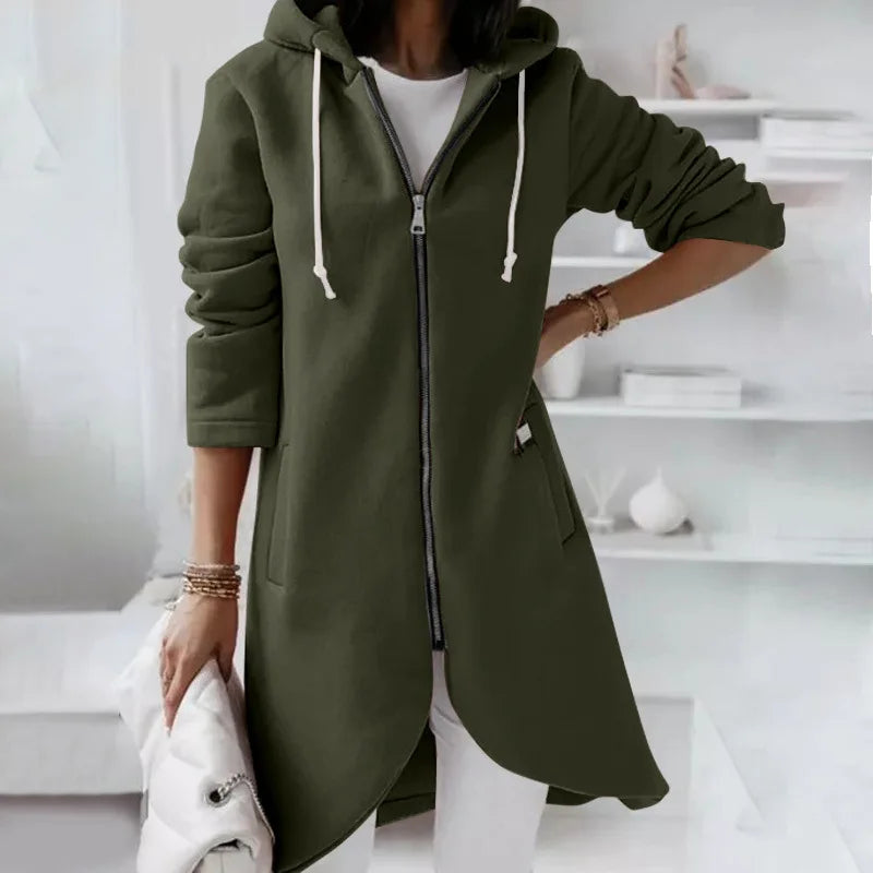 Long Hooded Zip-Up Solid Color Sweatshirt