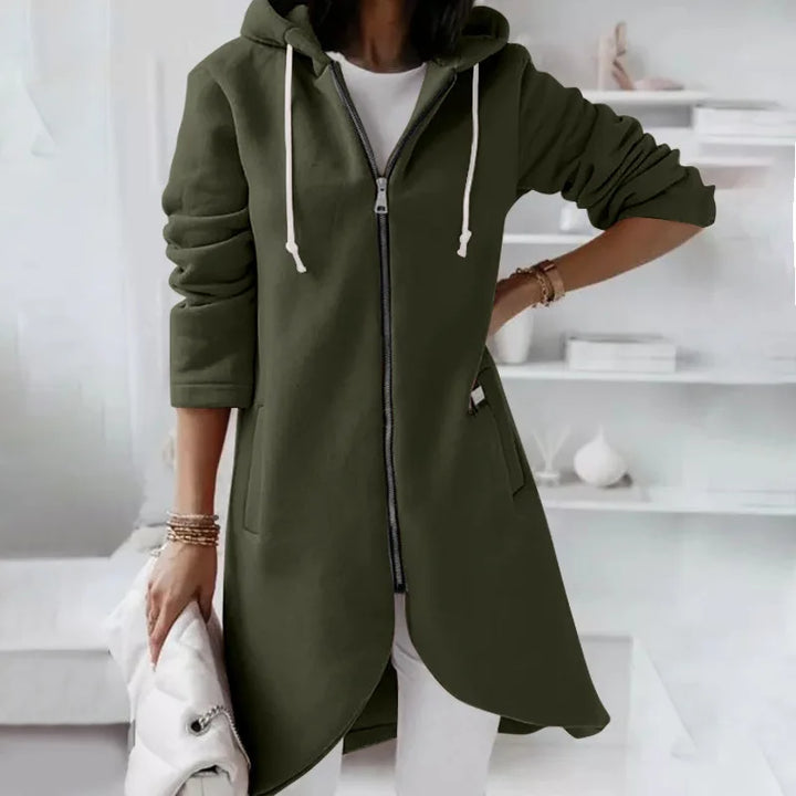 Long Hooded Zip-Up Solid Color Sweatshirt