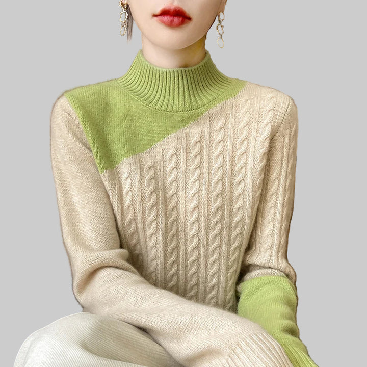 100% Merino Wool Color-Blocked Mock Neck Pullover Sweater